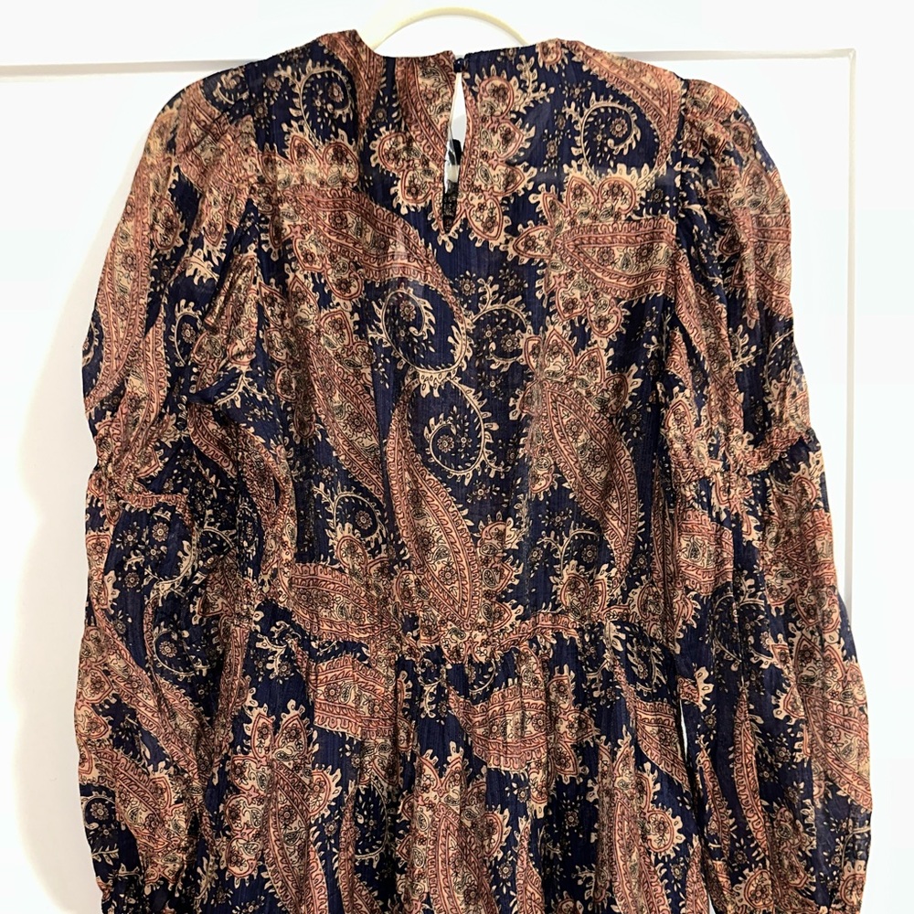 Aqua Navy and Brown Paisley Long Sleeve Midi Dress - Picture 6 of 7